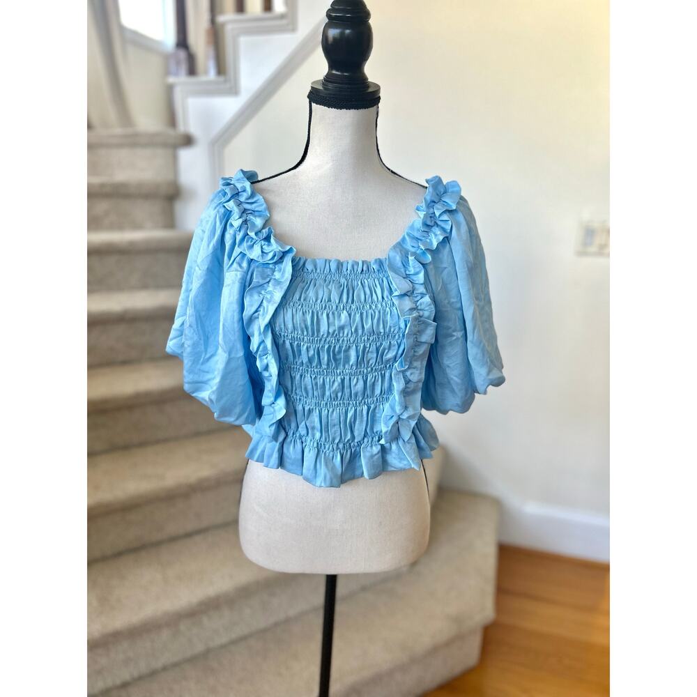 glam Light Blue Ruffled Smocked Crop Top